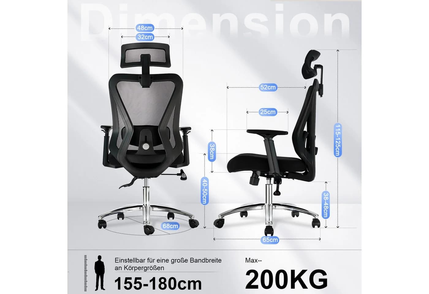 Durrafy Bürostuhl Ergonomisch Schwarz 4D-Lendenstütze - Bild 3