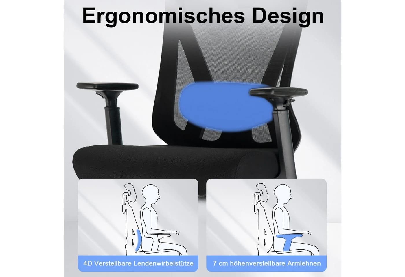 Durrafy Bürostuhl Ergonomisch Schwarz 4D-Lendenstütze - Bild 5
