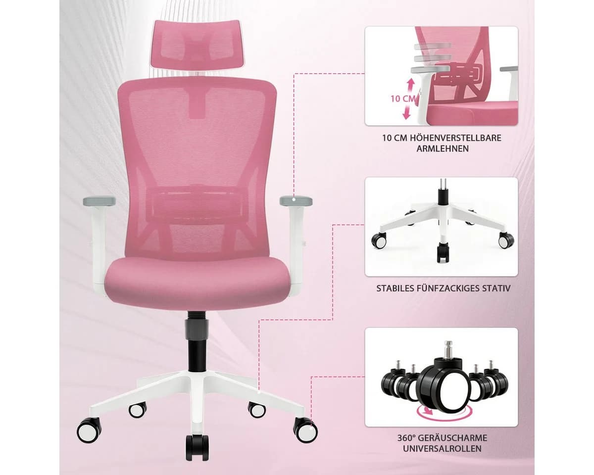Durrafy Bürostuhl 200kg Ergonomisch Rosa Netz - Bild 3