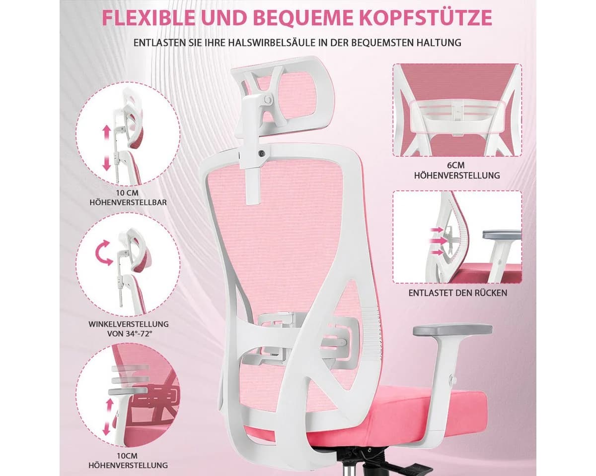 Durrafy Bürostuhl 200kg Ergonomisch Rosa Netz - Bild 4