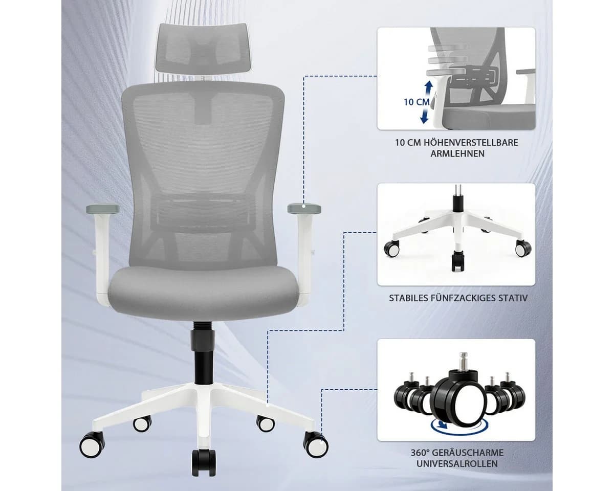 Durrafy Bürostuhl 200kg Grau Ergonomisch mit Netzgewebe - Bild 3