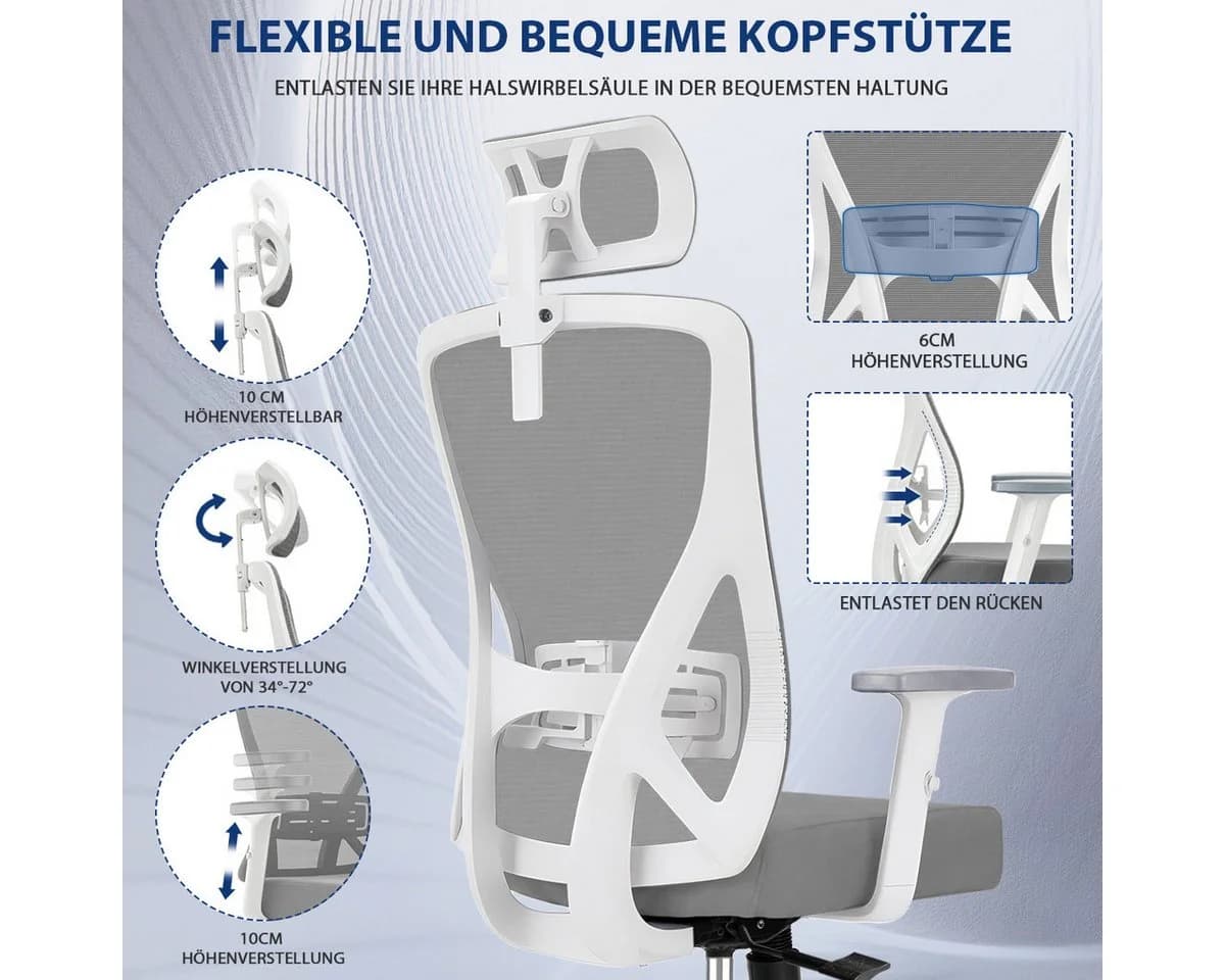 Durrafy Bürostuhl 200kg Grau Ergonomisch mit Netzgewebe - Bild 4