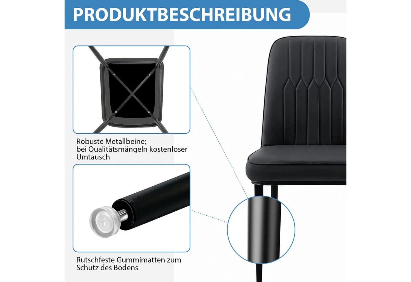 Durrafy Esszimmerstuhl Schwarz Samt Metallbeine Ergonomisch - Bild 3