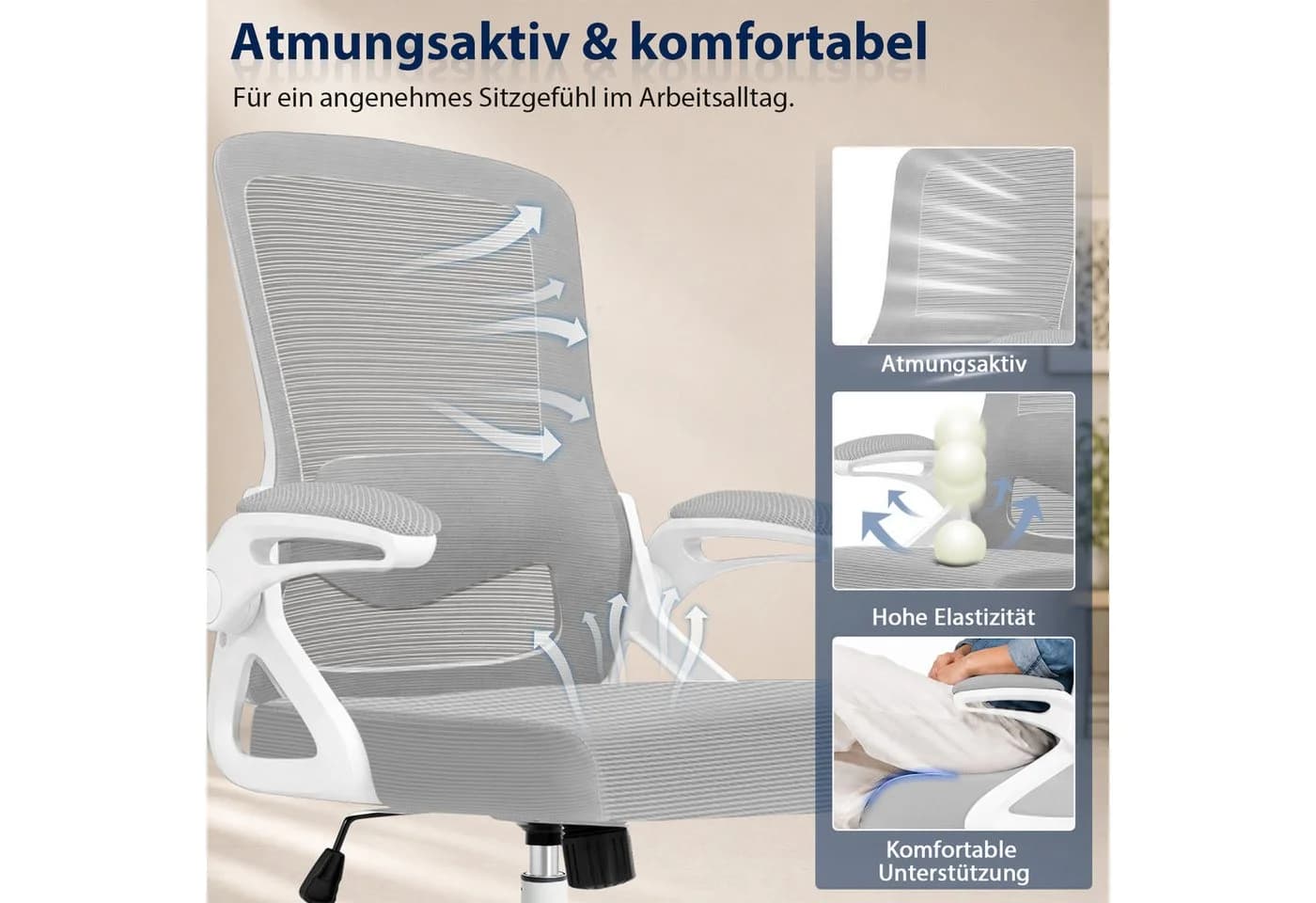 Hoolamyie Bürostuhl mit Lendenstütze und klappbaren Armlehnen Grau - Bild 5