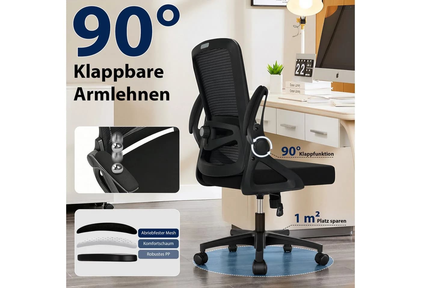 Hoolamyie Bürostuhl mit Lendenstütze & klappbaren Armlehnen Schwarz