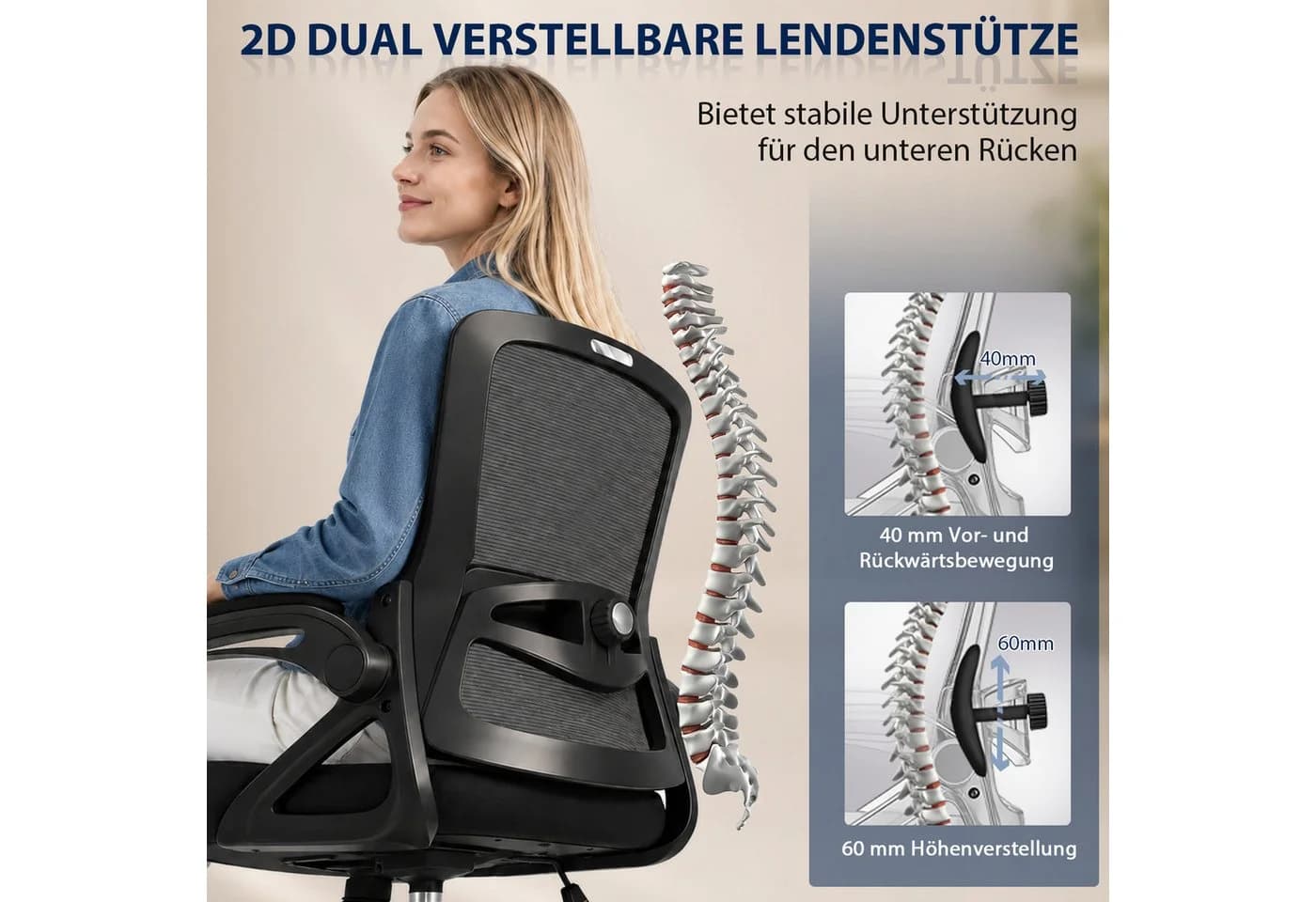 Hoolamyie Bürostuhl mit Lendenstütze & klappbaren Armlehnen Schwarz - Bild 3