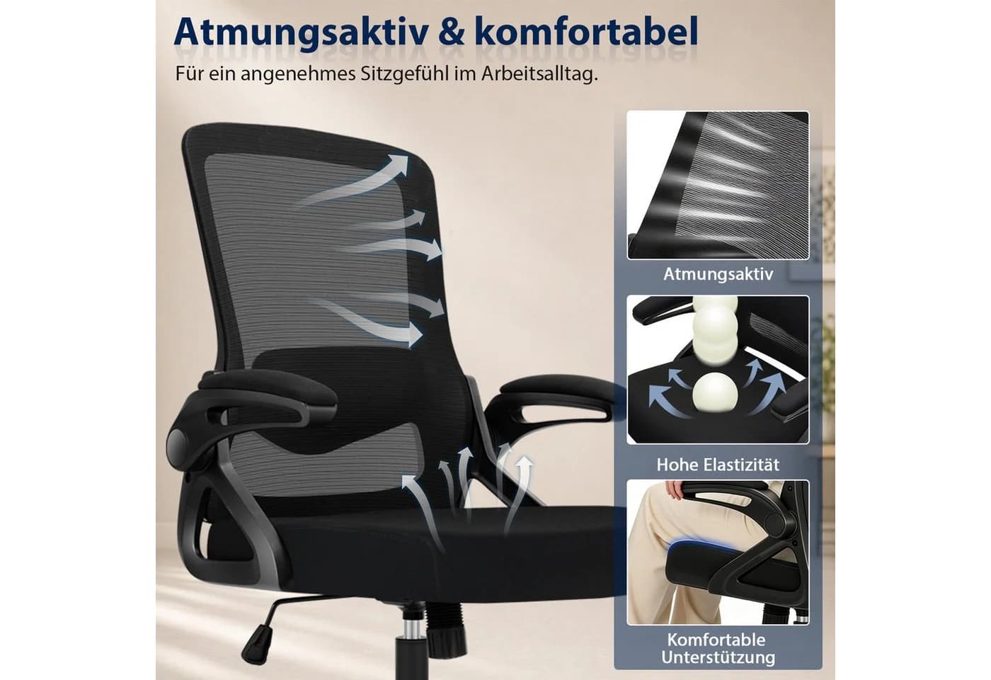 Hoolamyie Bürostuhl mit Lendenstütze & klappbaren Armlehnen Schwarz - Bild 5