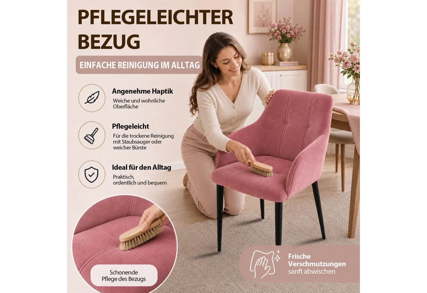 Hoolamyie Esszimmerstuhl Rosa Samt mit Armlehnen 6er-Set - Bild 3
