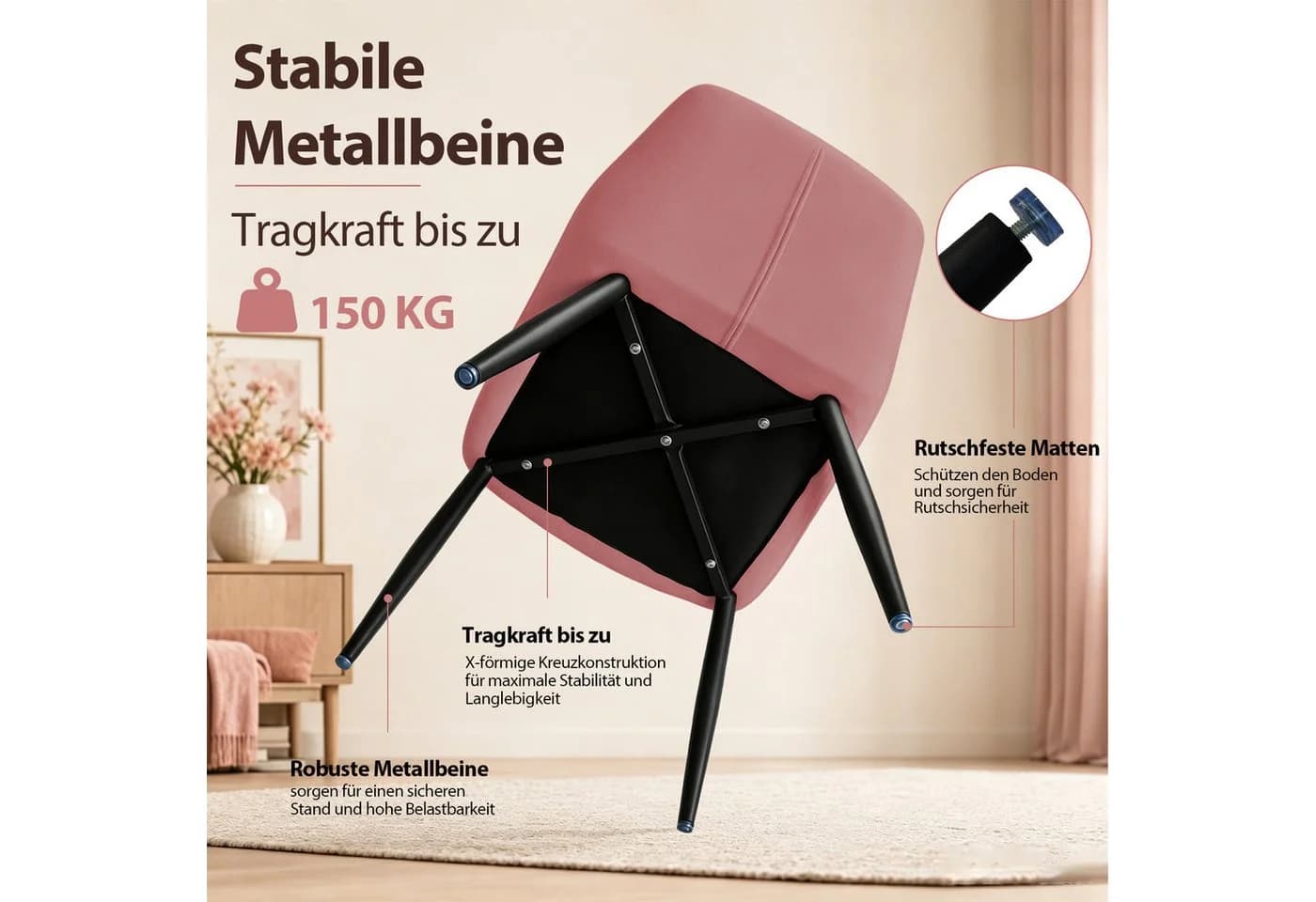 Hoolamyie Esszimmerstuhl Rosa Samt mit Armlehnen 6er-Set - Bild 5