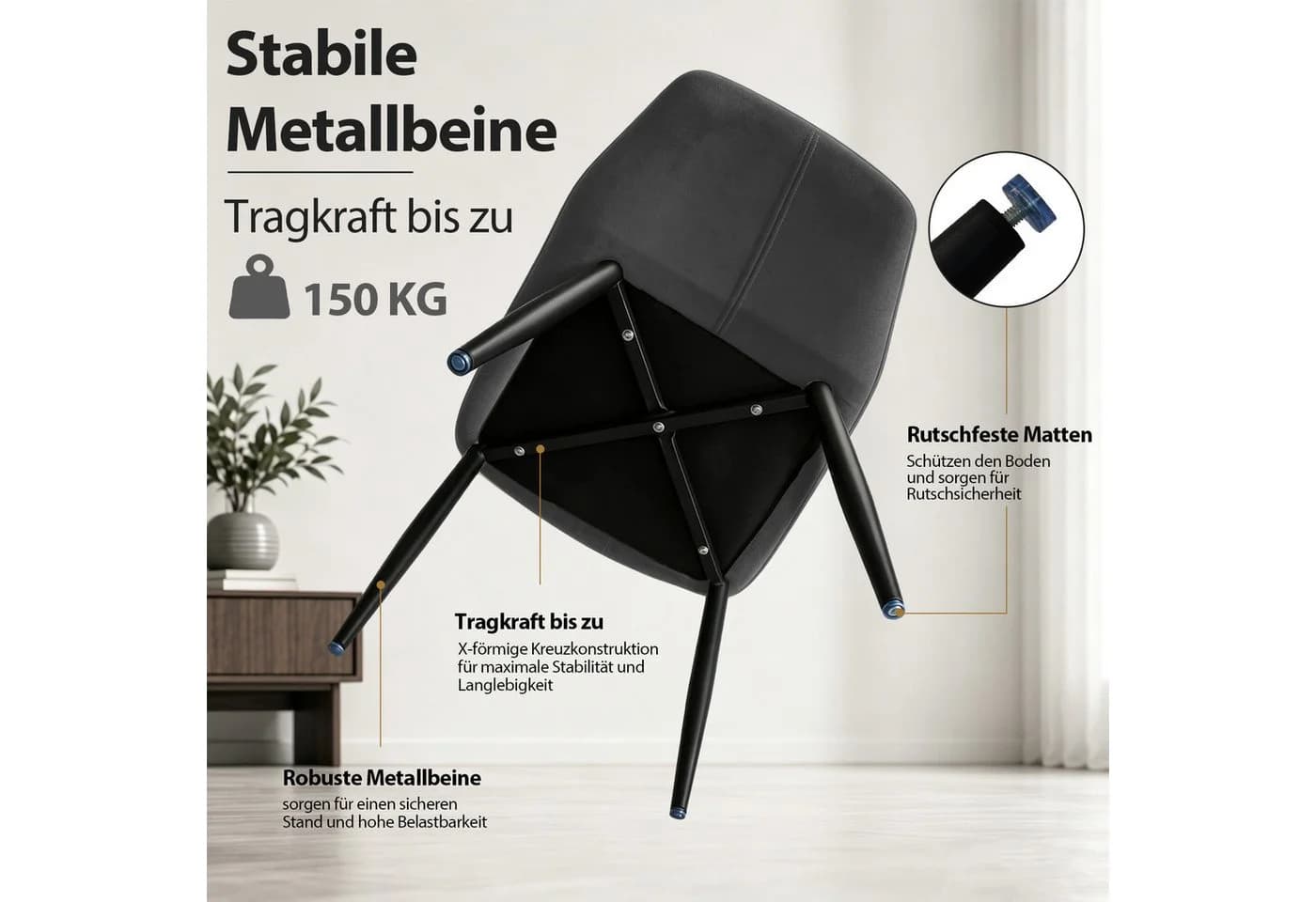 Hoolamyie Esszimmerstuhl Stuhlset 6-tlg. Grau Samt mit Armlehnen - Bild 4