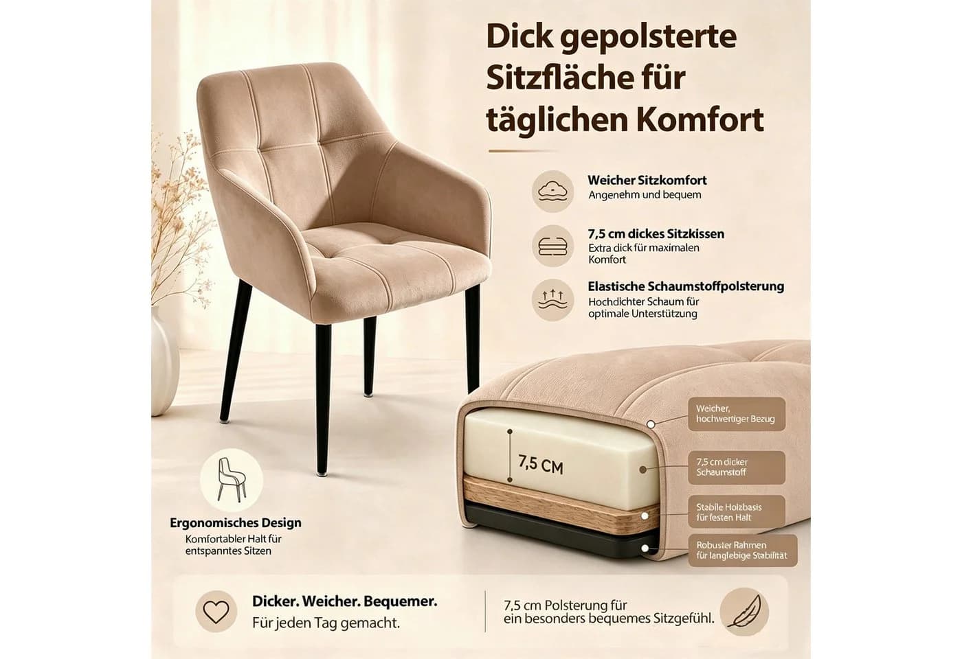 Hoolamyie Esszimmerstuhl 4er-Set Samt mit Armlehnen Braun - Bild 5