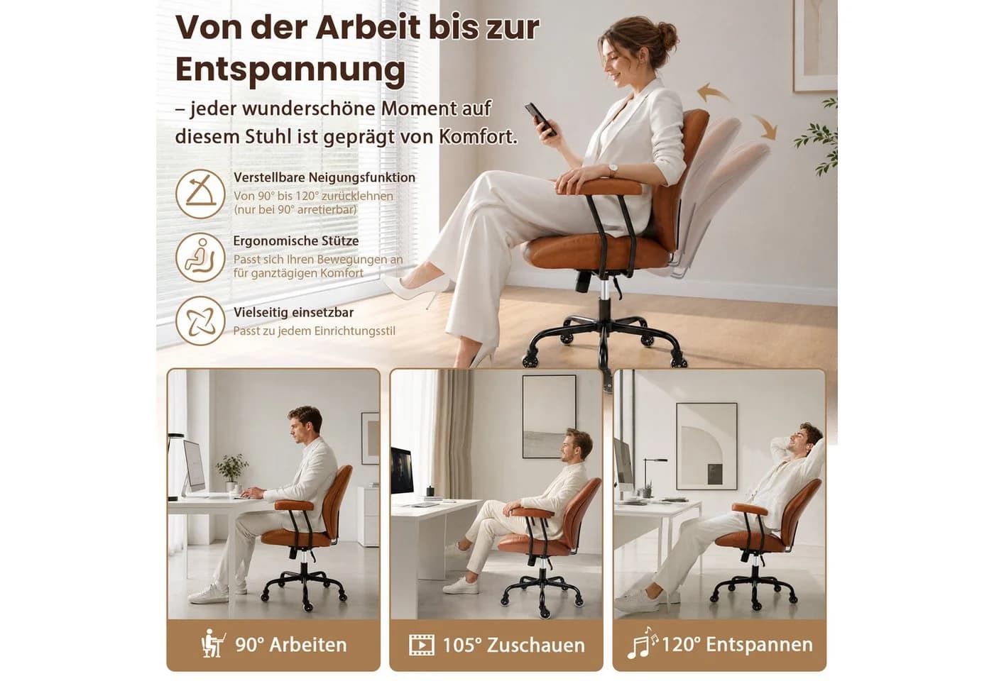 Hoolamyie Bürostuhl mit Lendenstütze & PU-Leder, höhenverstellbar, braun - Bild 3