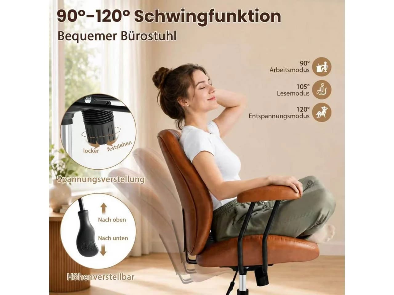 Hoolamyie Bürostuhl mit Lendenstütze & PU-Leder, höhenverstellbar, braun - Bild 4