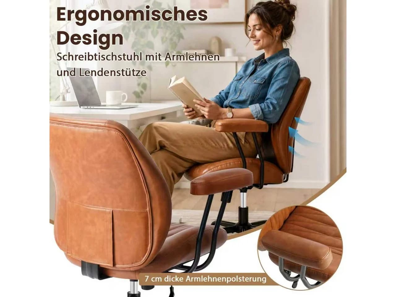 Hoolamyie Bürostuhl mit Lendenstütze & PU-Leder, höhenverstellbar, braun - Bild 5