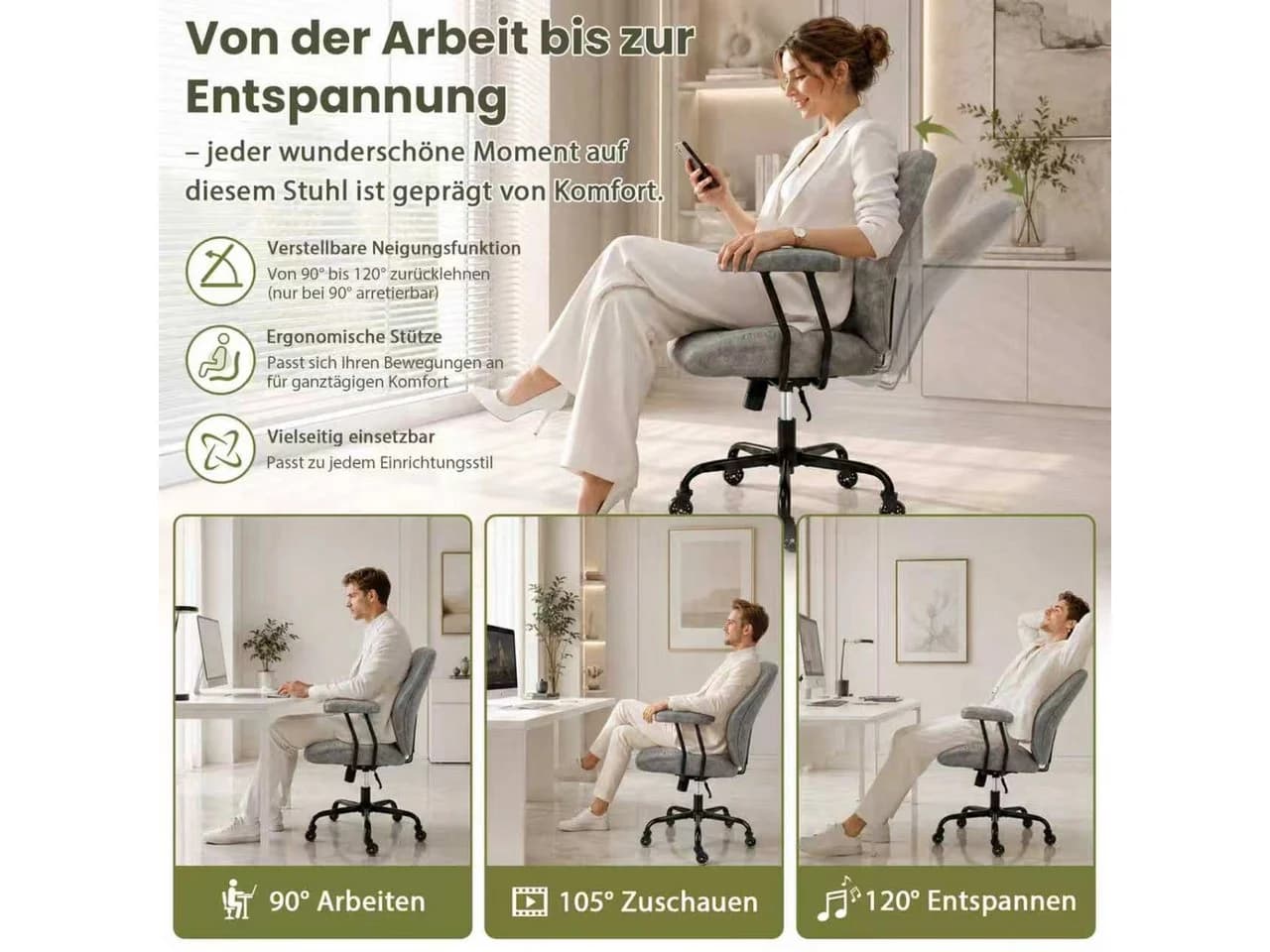 Hoolamyie Bürostuhl grau mit PU-Leder und ergonomischer Lendenstütze - Bild 3