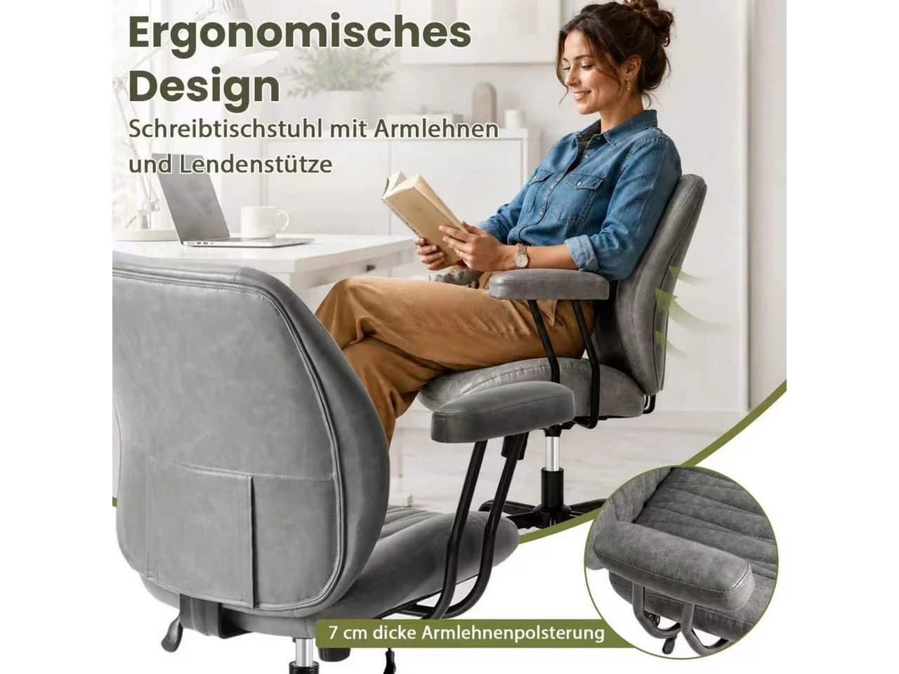 Hoolamyie Bürostuhl grau mit PU-Leder und ergonomischer Lendenstütze - Bild 5