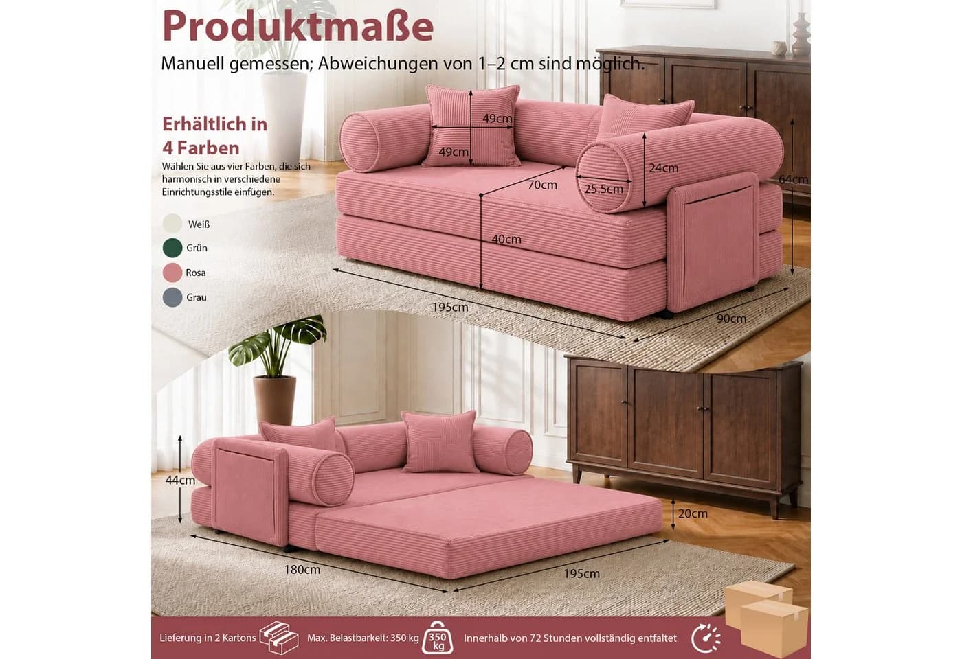 Hoolamyie 6-in-1 Cord Schlafsofa Rosa Modular mit Schlaffunktion
