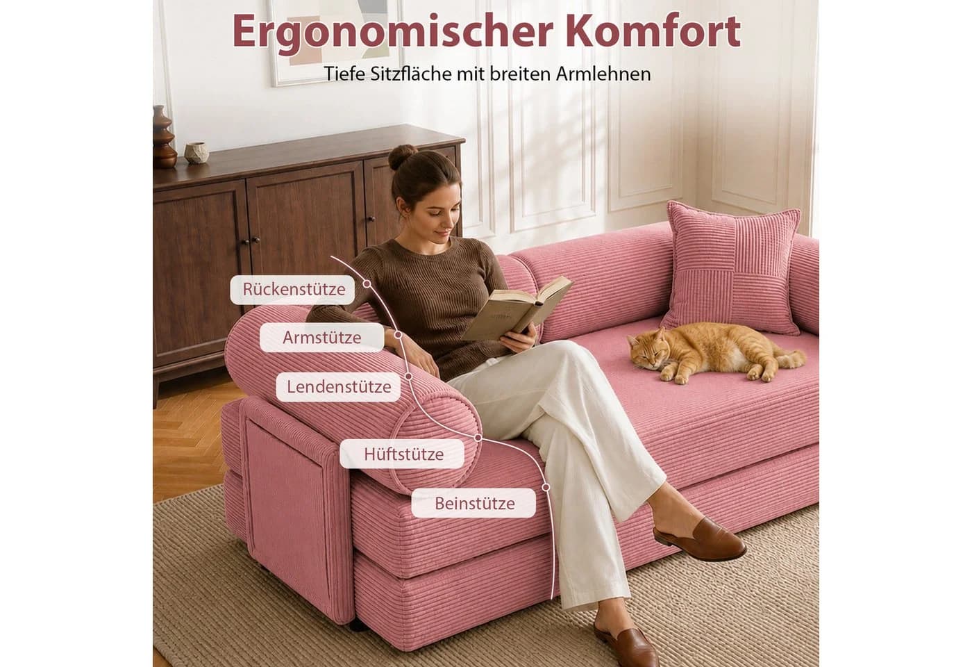 Hoolamyie 6-in-1 Cord Schlafsofa Rosa Modular mit Schlaffunktion - Bild 3