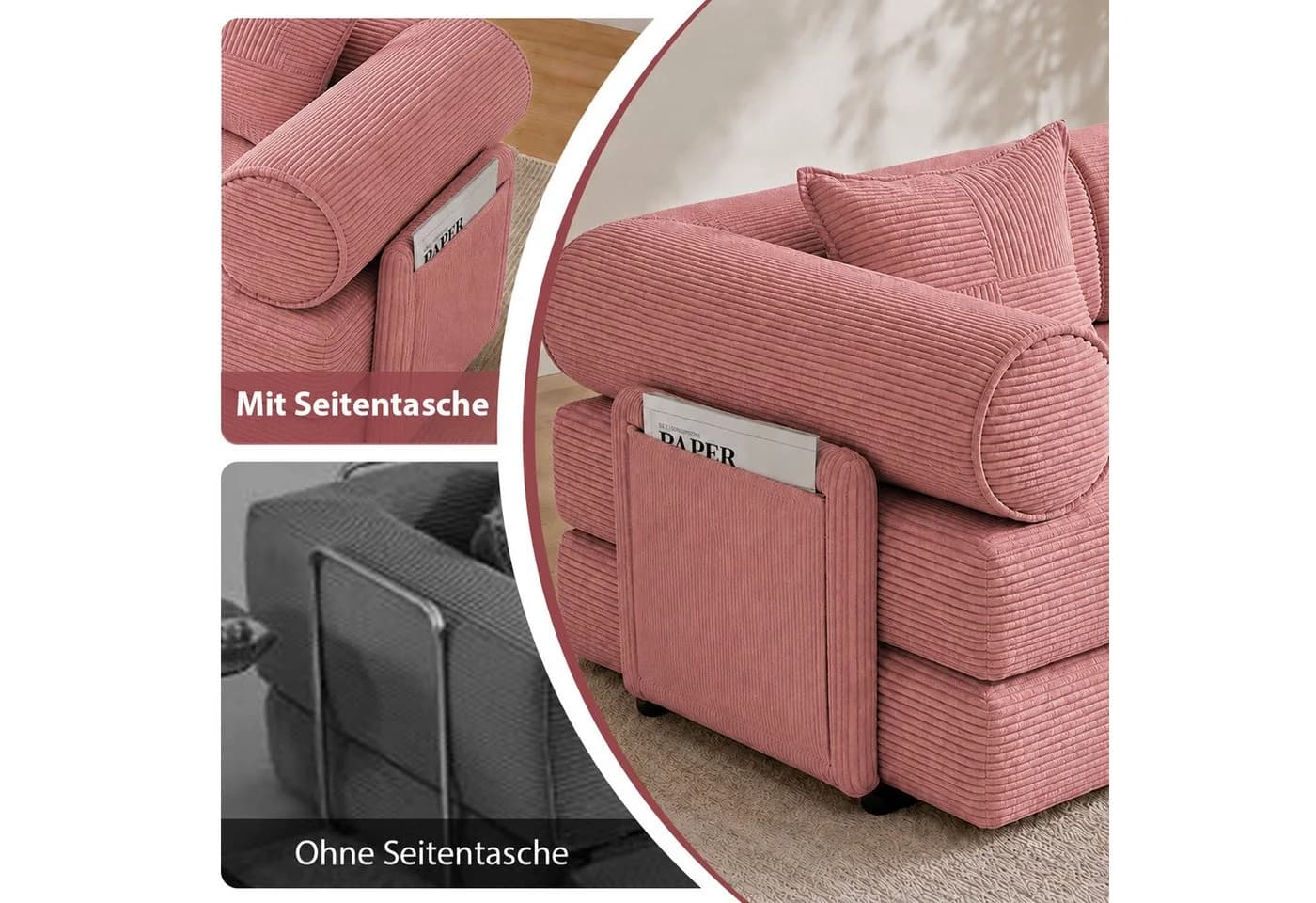 Hoolamyie 6-in-1 Cord Schlafsofa Rosa Modular mit Schlaffunktion - Bild 5