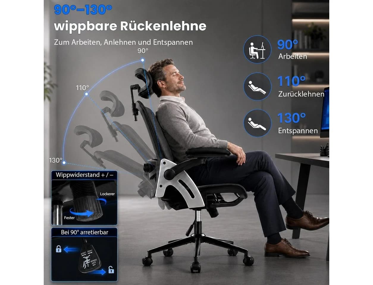 Hoolamyie Ergonomischer Bürostuhl mit Kopfstütze & 4D Lordosenstütze - Bild 5
