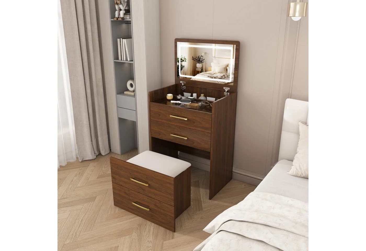 BBWL Schminktisch Kompakt mit Glasplatte, Aufklappbarem Spiegel & Hocker, Weiß - Bild 2