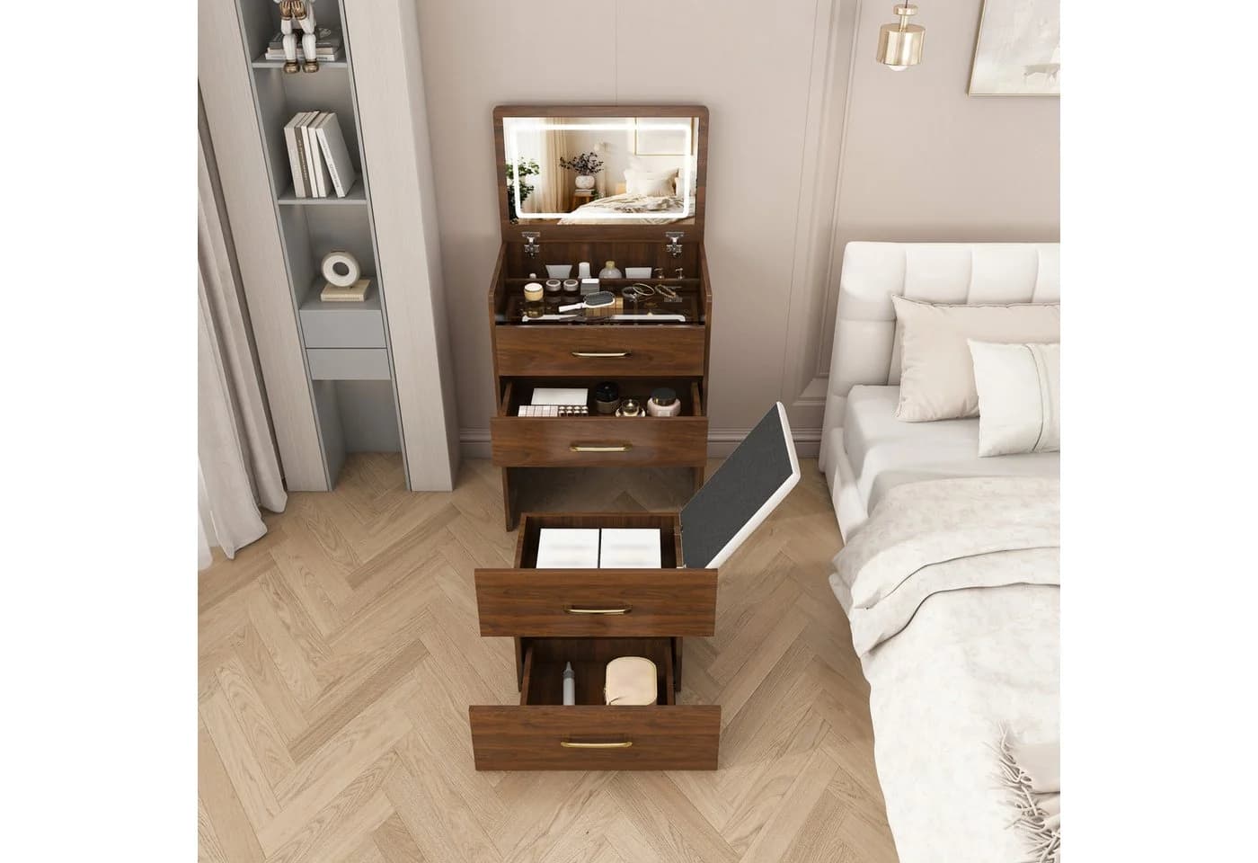 BBWL Schminktisch Kompakt mit Glasplatte, Aufklappbarem Spiegel & Hocker, Weiß - Bild 5