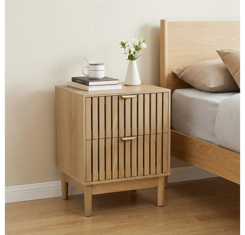 BBWL Nachttisch 2 Schubladen Eichenoptik Lattenrost Design Mid-Century Modern - Bild 2