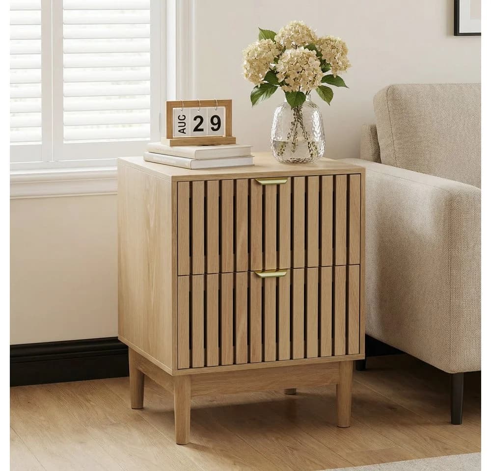BBWL Nachttisch 2 Schubladen Eichenoptik Lattenrost Design Mid-Century Modern - Bild 5