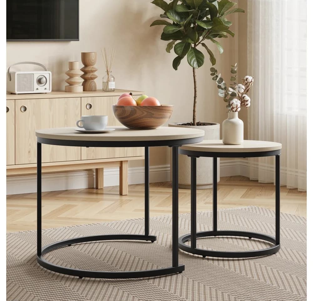 BBWL Couchtisch Set 2er Rund Eichenfurnier Metallgestell Verschachtelbar - Bild 5