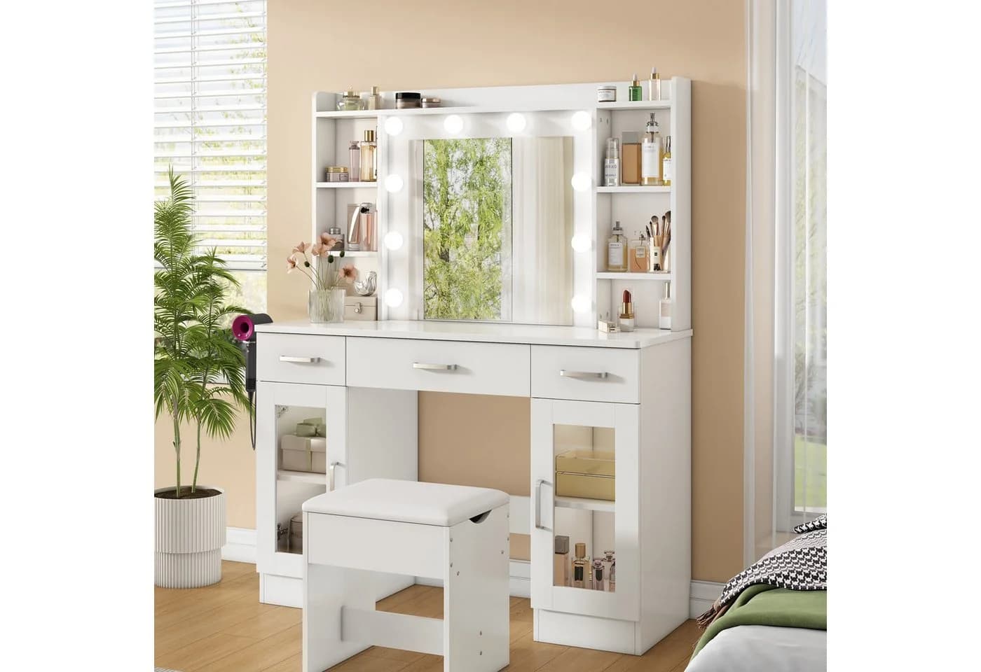 BBWL Schminktisch mit LED Spiegel, Hocker und USB Beleuchtung - Bild 2