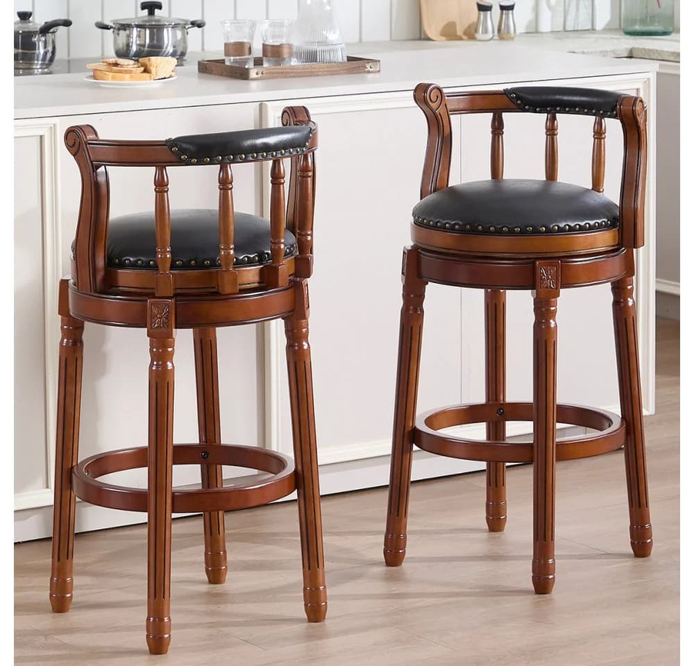 BBWL Barhocker Echtleder drehbar Holz mit Rückenlehne 360° Schwarz - Bild 3