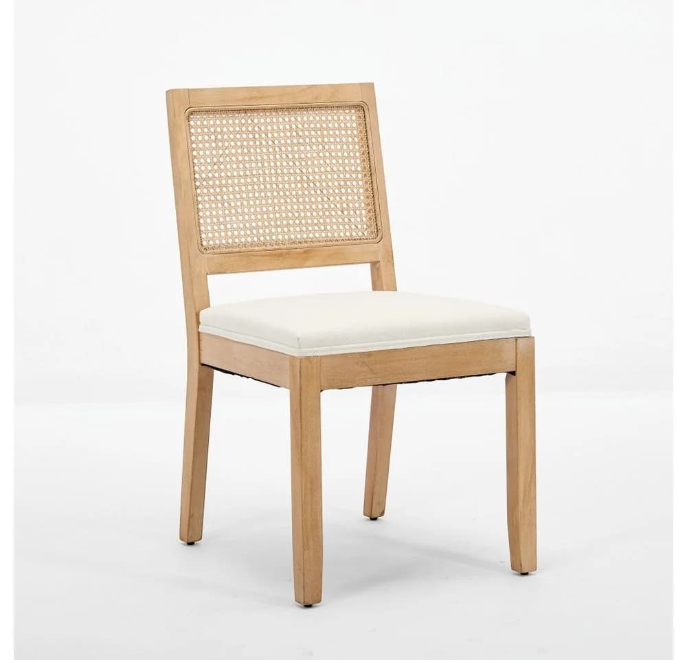 BBWL Esszimmerstuhl 2er Set Beige Rattan Leinen Polsterstuhl Massivholz - Bild 3
