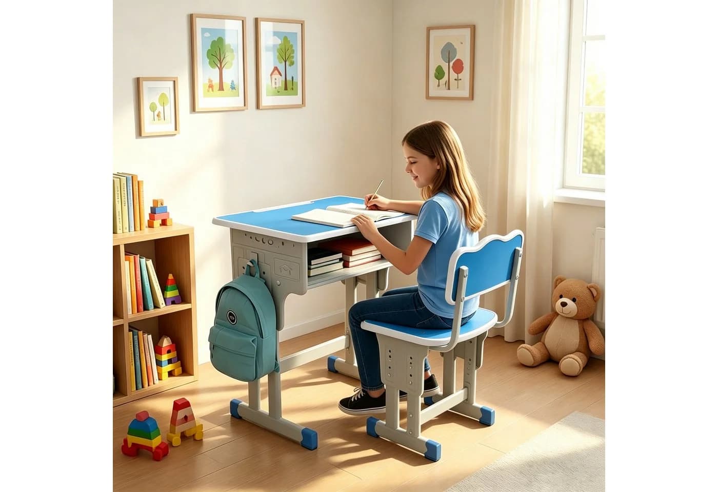 BBG Kinderschreibtisch Set Höhenverstellbar mit Stuhl Blau