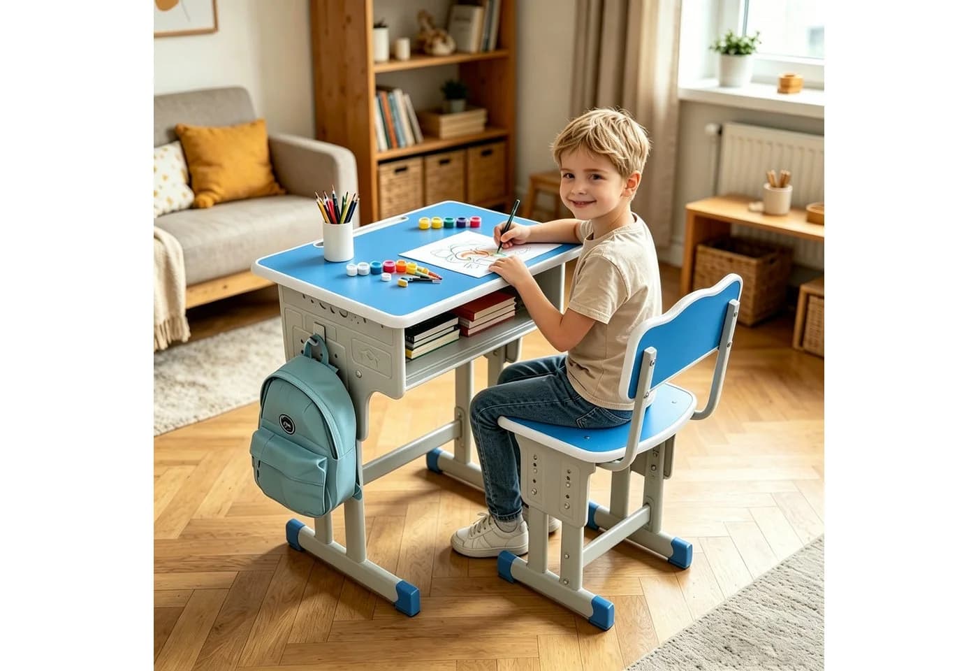 BBG Kinderschreibtisch Set Höhenverstellbar mit Stuhl Blau - Bild 3