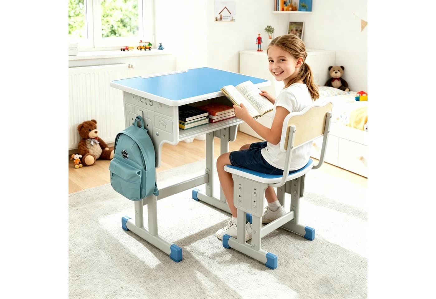 BBG Kinderschreibtisch Set Höhenverstellbar mit Stuhl Blau - Bild 4