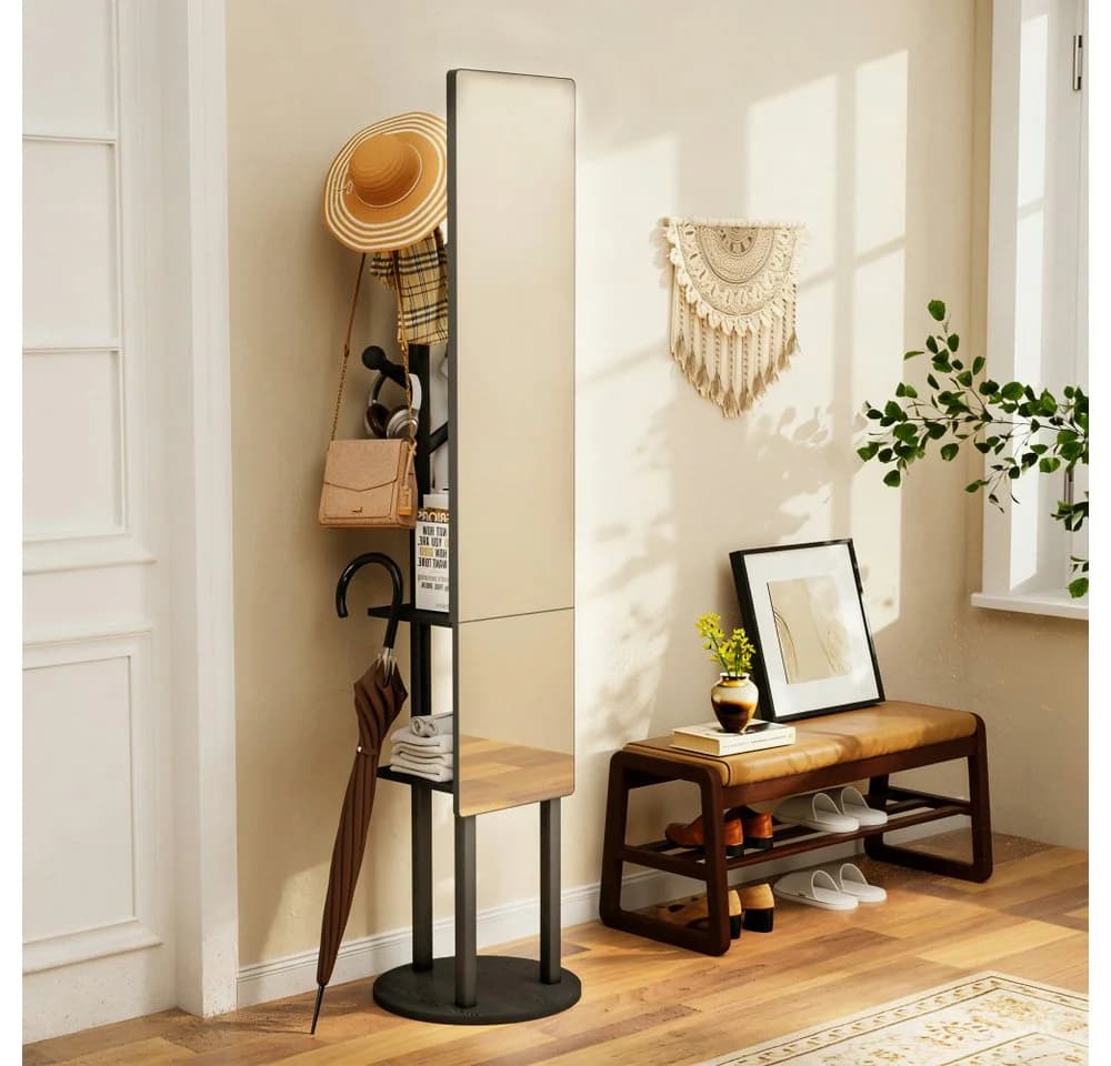 BBG Garderobe mit Spiegel 360° drehbar Schwarz Ganzkörperspiegel