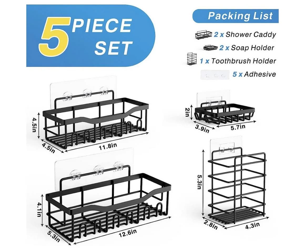 ibettertec Duschregal Set 5-tlg. Schwarz Edelstahl Ohne Bohren - Bild 3