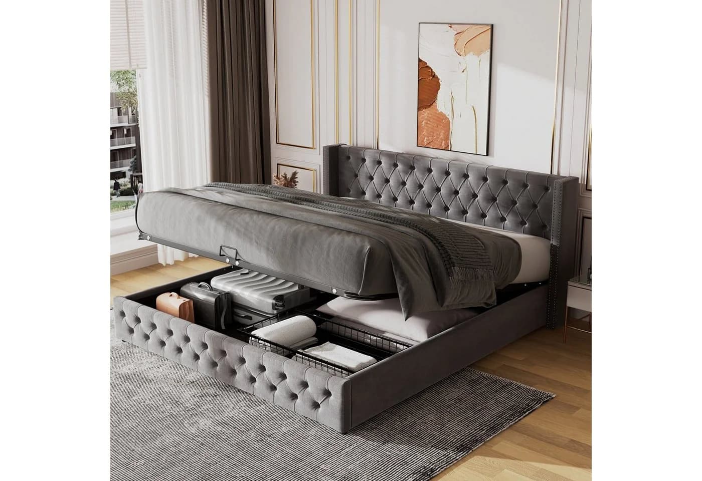 REDOM Polsterbett Grau Samt Stauraumbett 180x200 cm - Bild 2