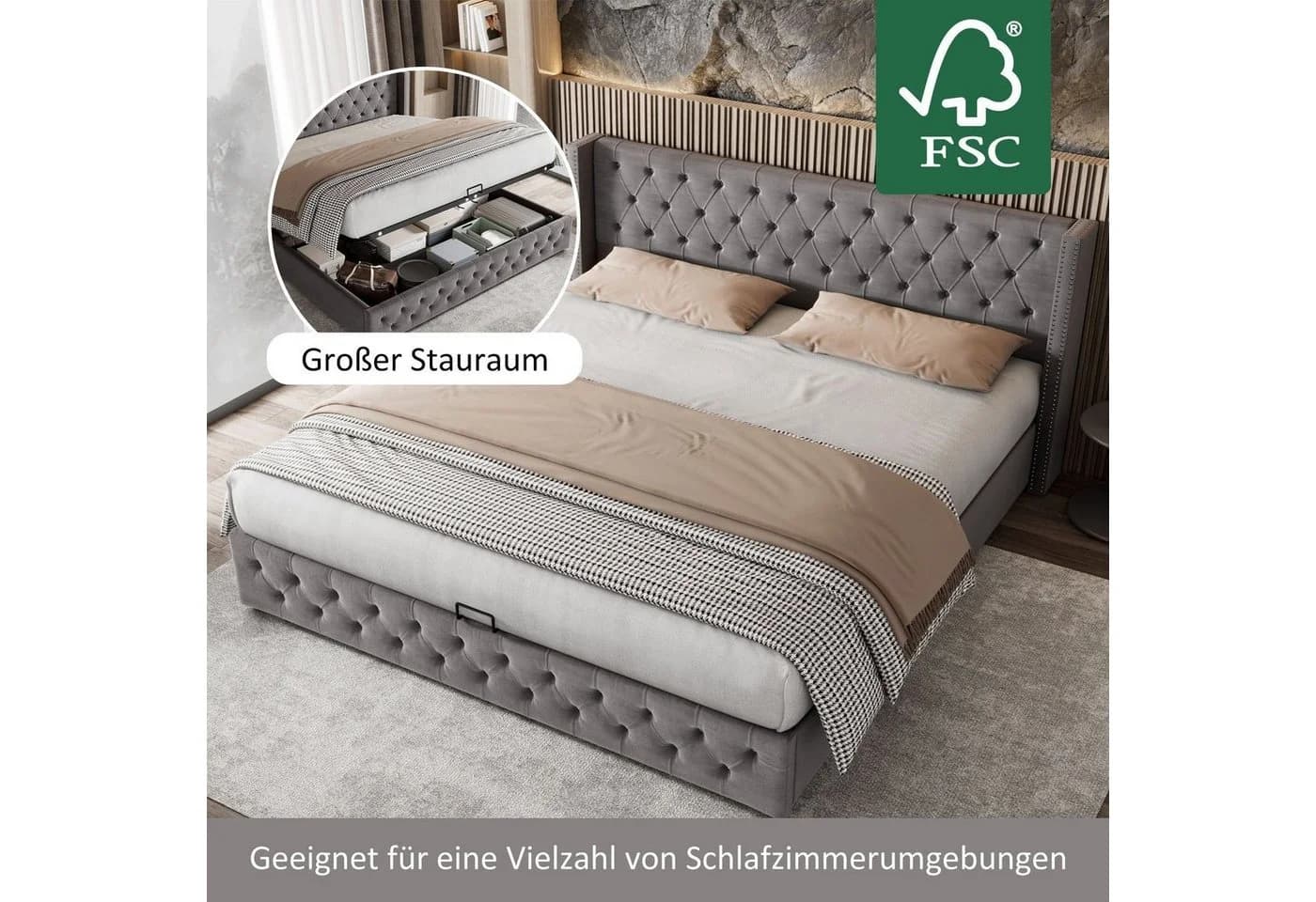 REDOM Polsterbett Grau Samt Stauraumbett 180x200 cm - Bild 4