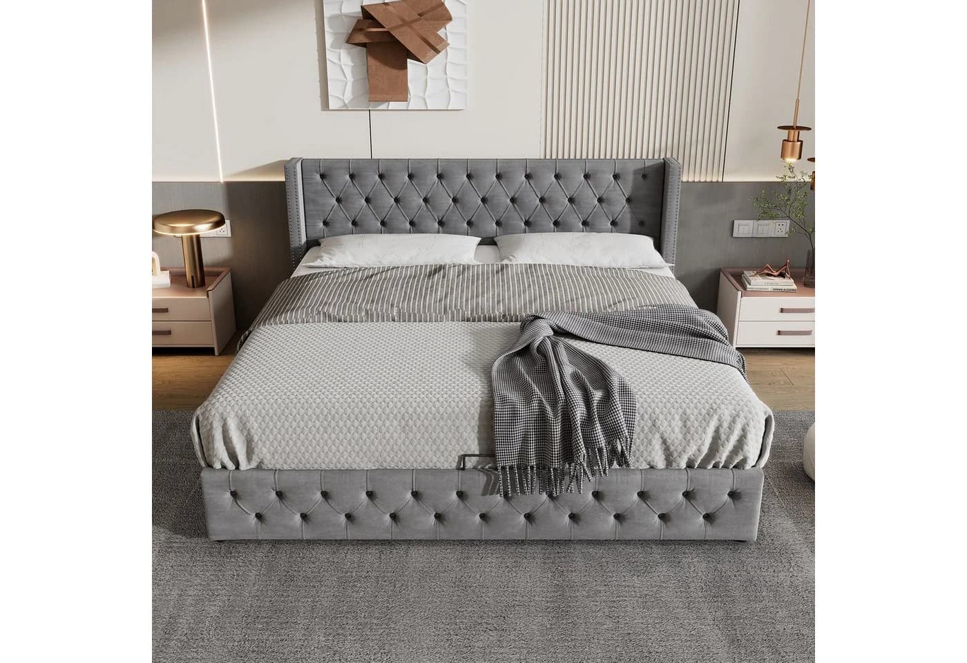 OKWISH Polsterbett Grau 180x200cm mit Stauraum und Lattenrost