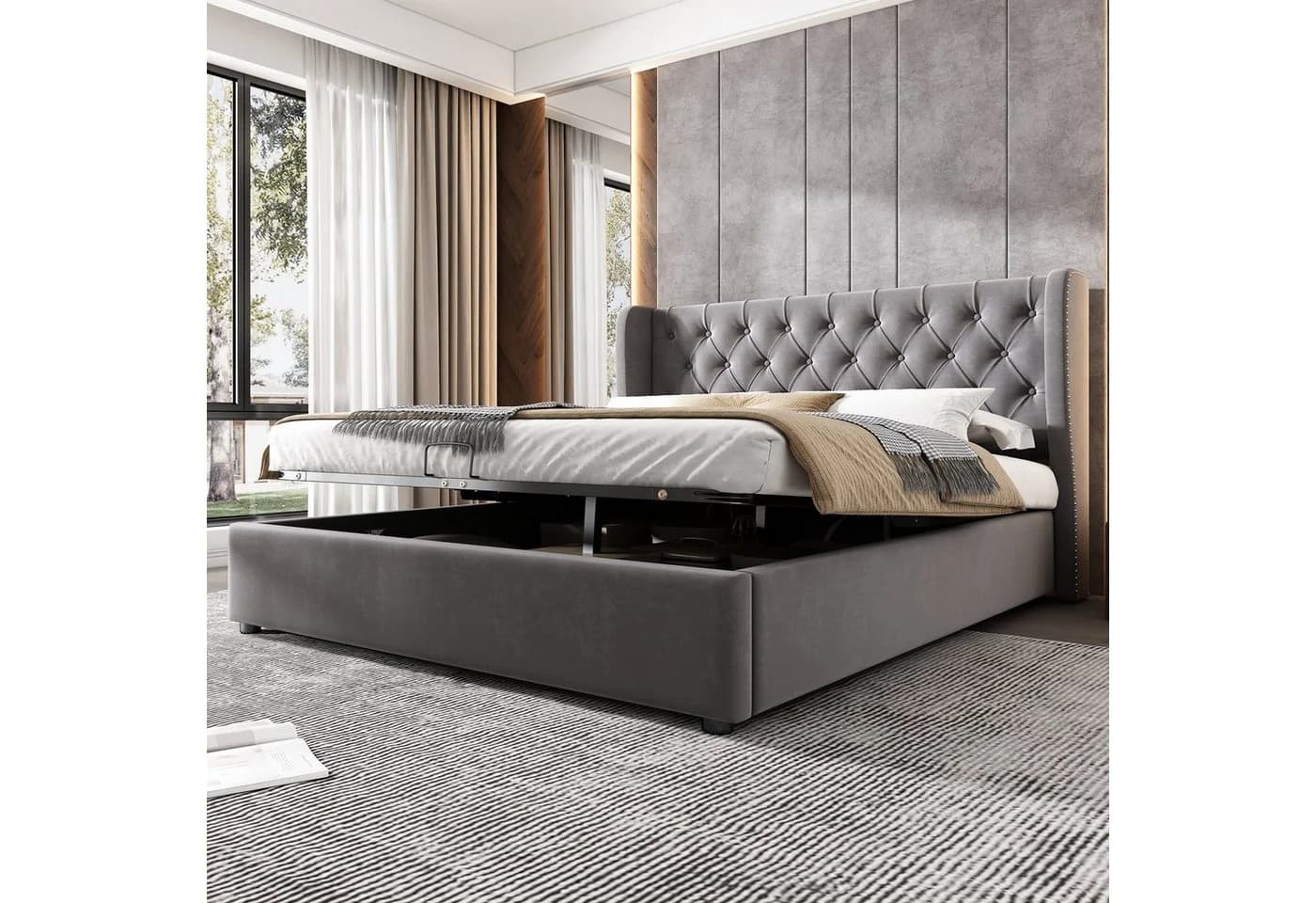 OKWISH Polsterbett Chesterfield Grau Kiefernholz 140x200cm