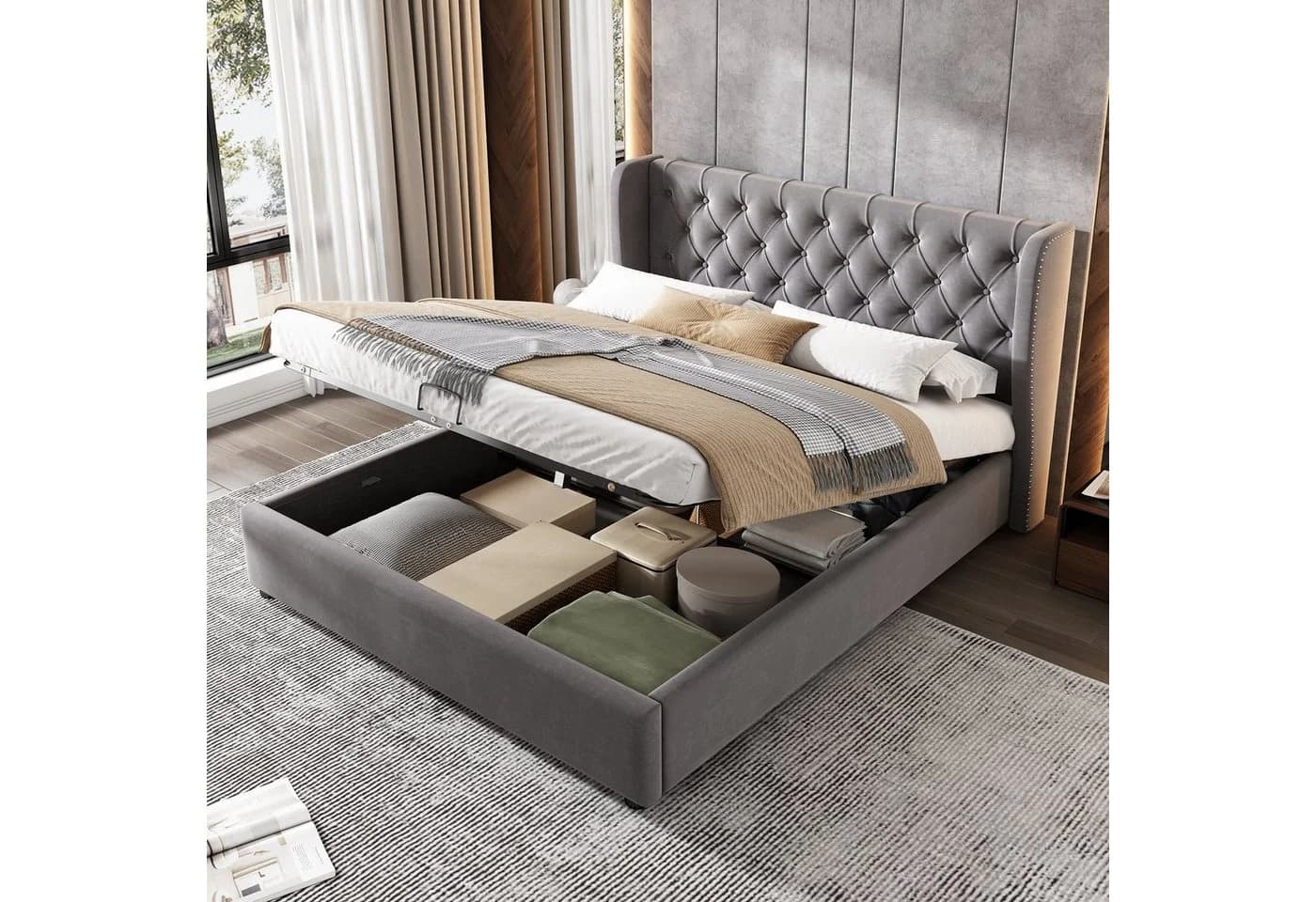 OKWISH Polsterbett Chesterfield Grau Kiefernholz 140x200cm - Bild 2
