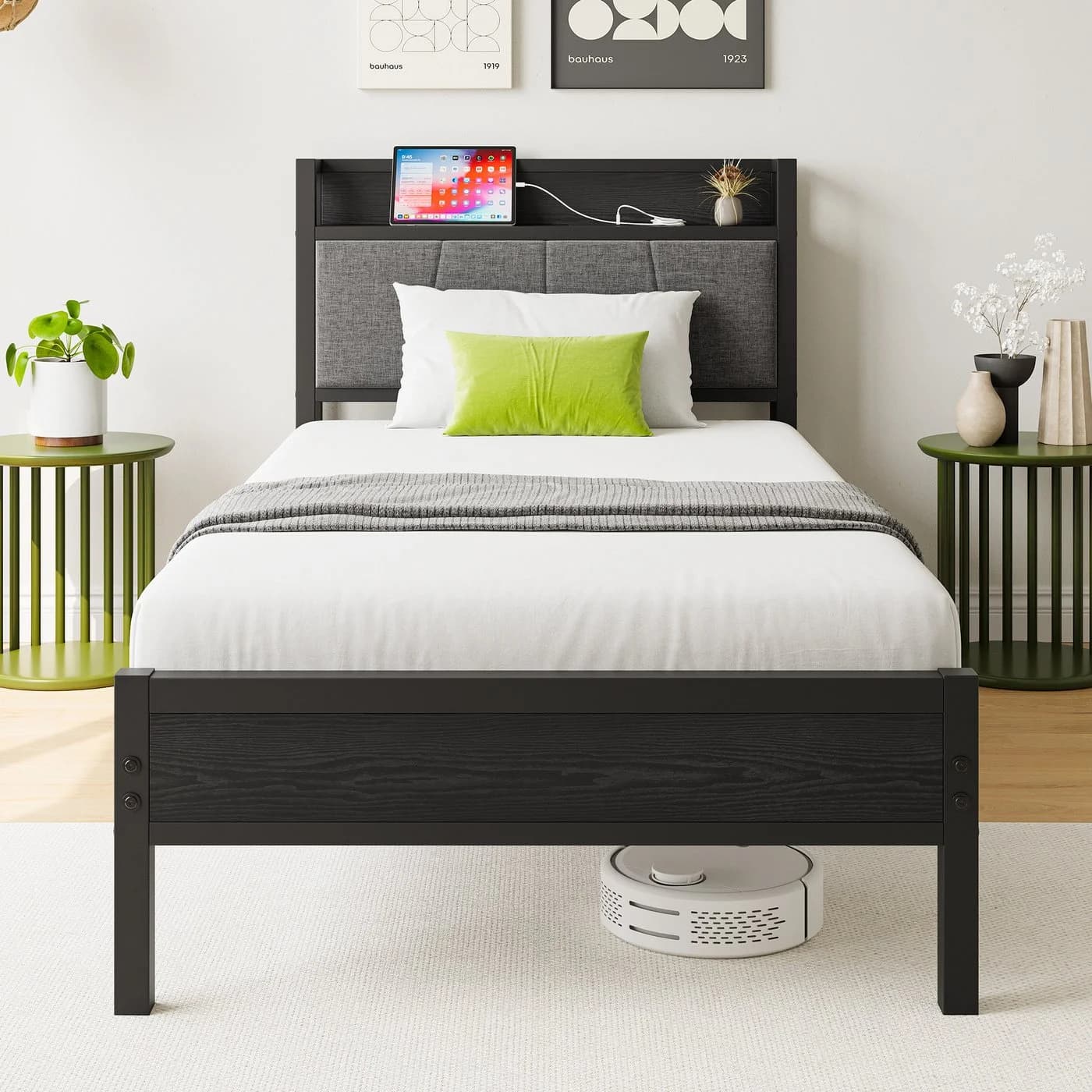 OKWISH Metallbett mit USB-Anschlüssen Schwarz 90x200cm - Bild 1