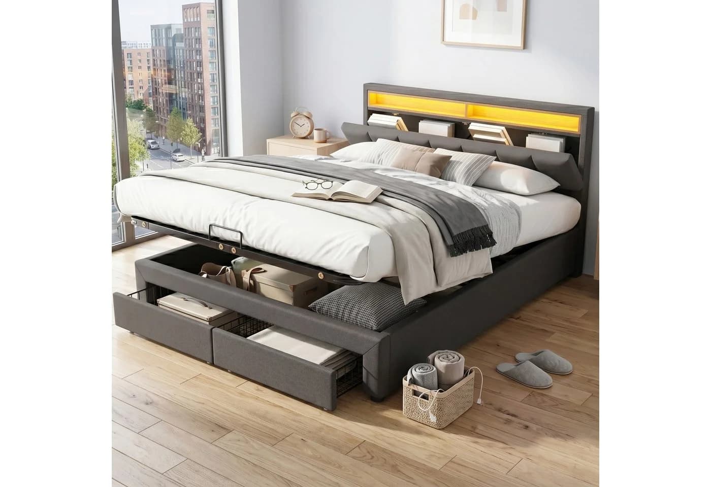REDOM Polsterbett 180x200 Grau mit Stauraum und LED - Bild 2