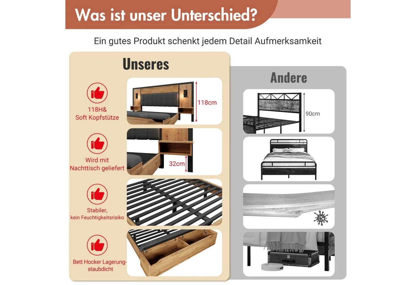 REDOM Polsterbett Eiche mit Stauraum und USB-Anschlüssen - Bild 5