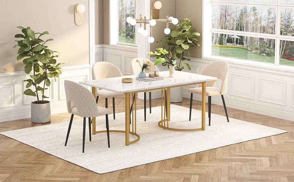 OKWISH Esstisch Rechteckig Modern Marmor Optik Metallbeine Gold/Weiß