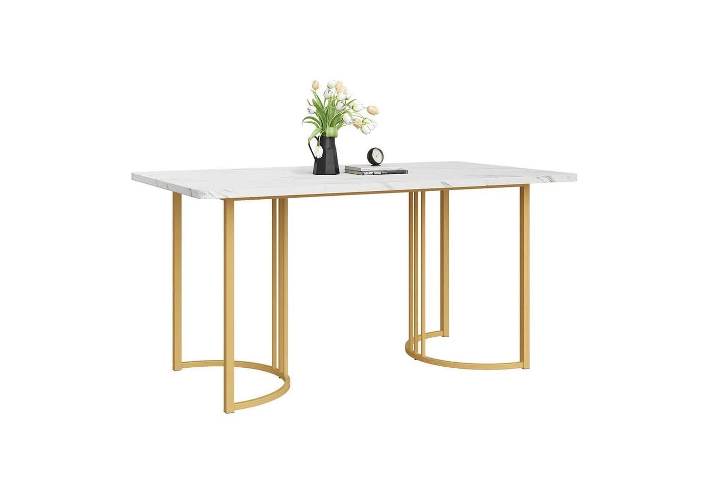 OKWISH Esstisch Rechteckig Modern Marmor Optik Metallbeine Gold/Weiß - Bild 2