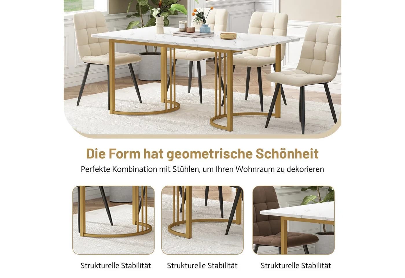 OKWISH Esstisch Rechteckig Modern Marmor Optik Metallbeine Gold/Weiß - Bild 3