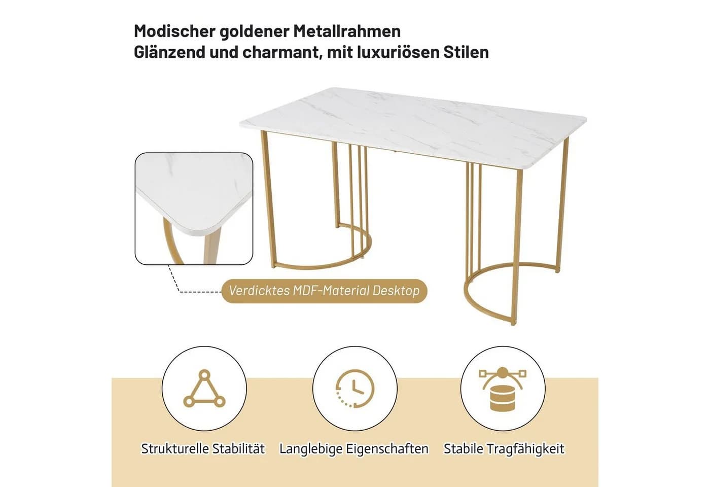 OKWISH Esstisch Rechteckig Modern Marmor Optik Metallbeine Gold/Weiß - Bild 4