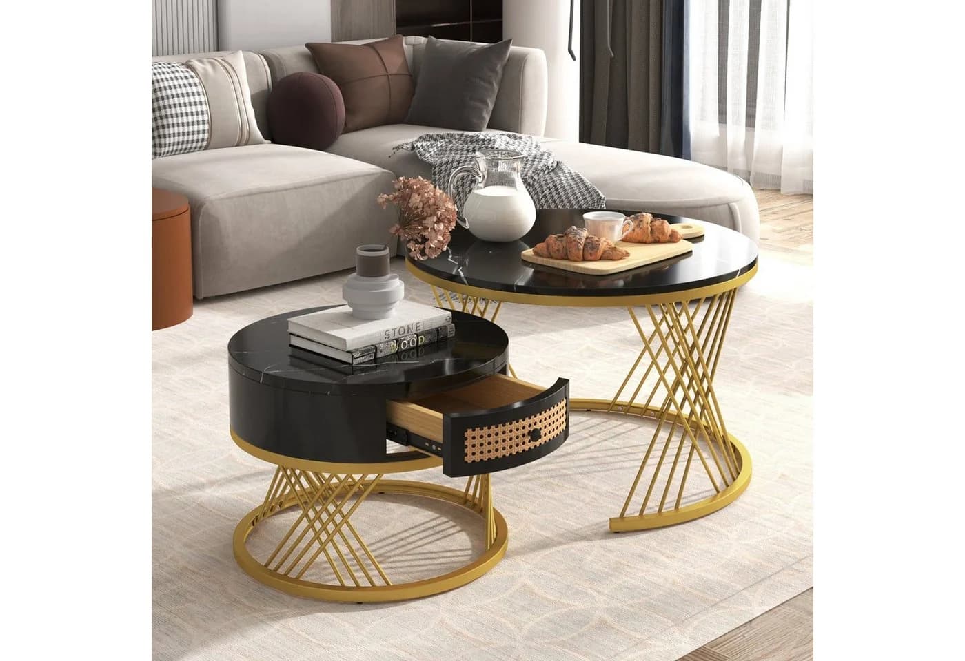 REDOM Couchtisch-Set 2-tlg. Marmoroptik & Goldener Rahmen